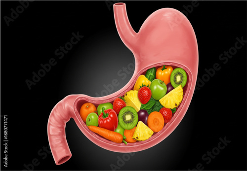 Stomach filled with colorful fresh fruits and vegetables food healthy eating
