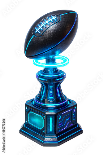 Futuristic American football trophy with neon lights on transparent background