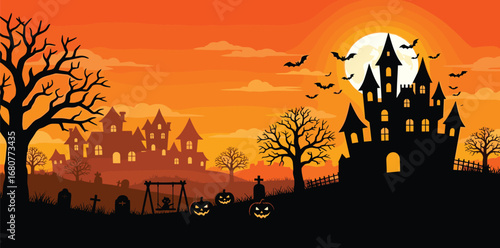 Halloween 2026. City panorama in halloween style. Scary halloween isolated background. Orange and yellow background.