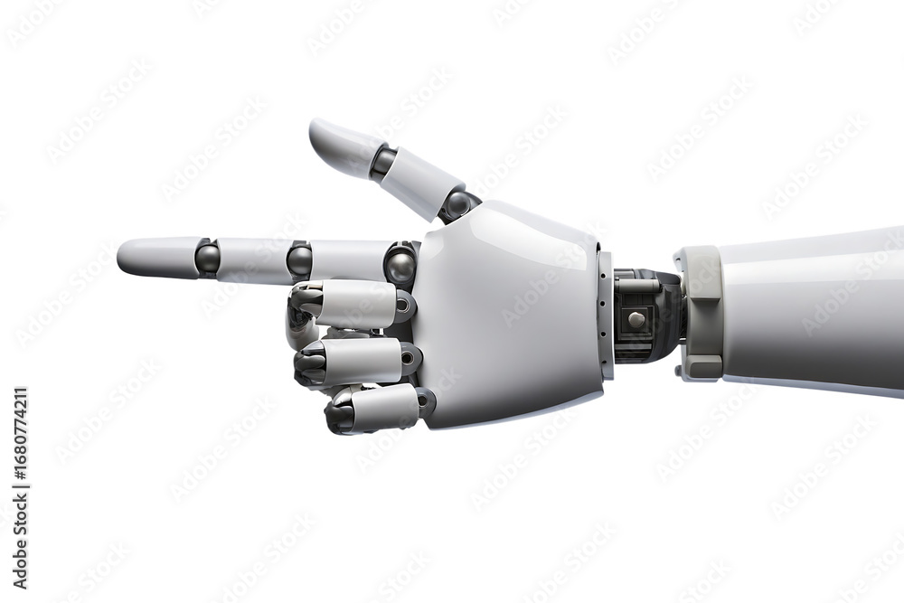 Fototapeta premium White robotic hand pointing left with thumb up isolated on a transparent background