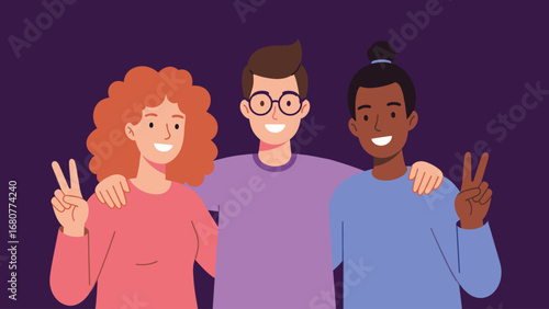 Smiling Diverse Young Friends Making Peace Signs. Friendship, Unity & Positivity Concept.