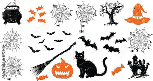 A hand drawn halloween set featuring ghosts, pumpkins, candies, and witch hats, perfect for holiday themed designs and illustrations isolated on white background 