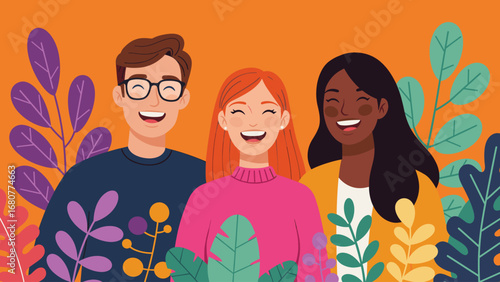 Smiling Diverse Group with Botanical Background. Happy Friends Illustration for Community, Positivity, and Well-being.
