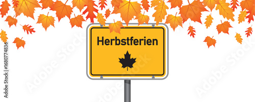 autumn holiday sign on sky background with fallen leaves vector illustration