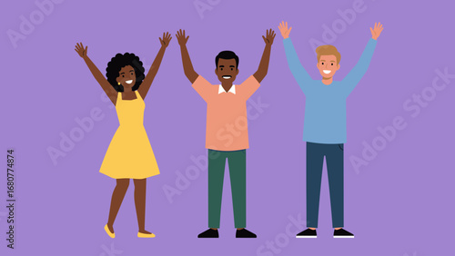 Diverse Group of Happy People Celebrating with Raised Arms - Flat Design Illustration