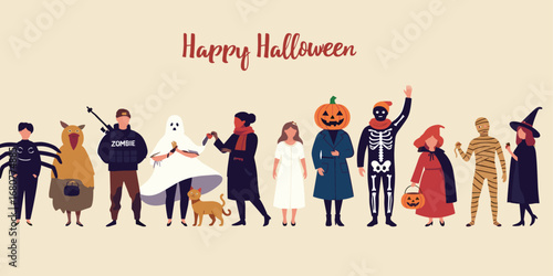 Happy halloween flat banner vector template. Children in spooky outfits cartoon characters. Autumn holiday congratulation. Kids in spider, ghost, mummy and witch costumes illustration with typography