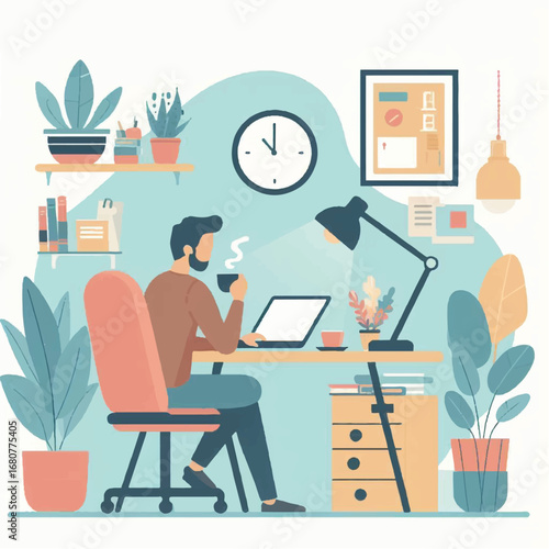 Home Office Harmony: A relaxed figure, immersed in work at a desk, sips from a mug, embraced by the calming influence of indoor plants and a creatively lit workspace.