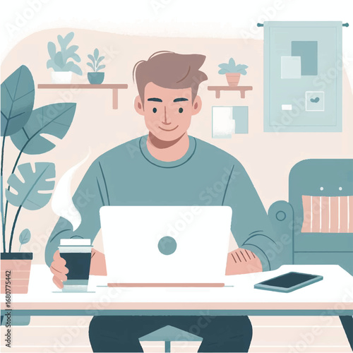 Digital Nomad: A young individual is fully immersed in his work, skillfully operating a laptop. His gaze is fixed upon the digital screen, a hot beverage in his hand.