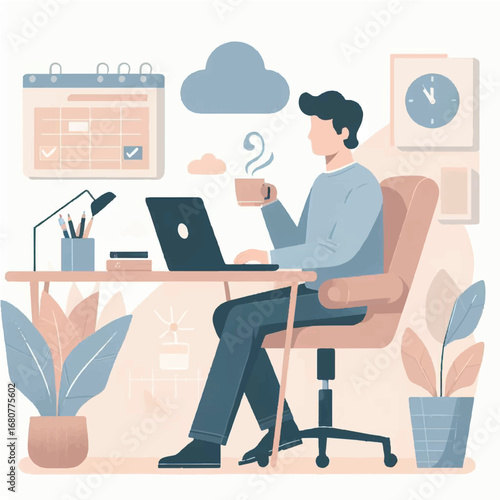 Digital Workspace Serenity: A modern illustration depicts a focused individual in a comfortable workspace, sipping from a steaming cup. This artistic piece conveys productivity, serenity.