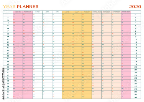 2026 year calendar planner horizontal page template of colorful design for personal, work, education