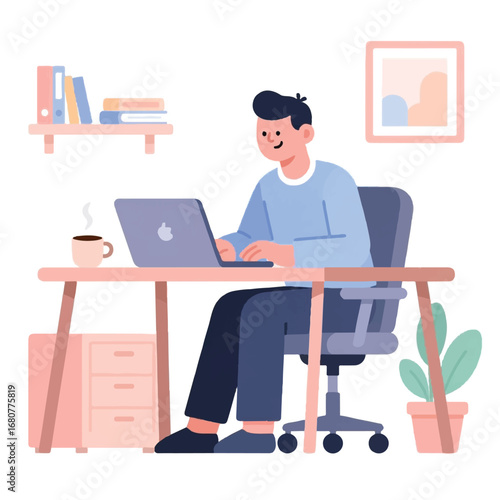 Digital workspace: A modern man is seated at his desk, engrossed in work on his laptop. A testament to the evolving workplace, embracing the convenience of remote work and tech integration. 