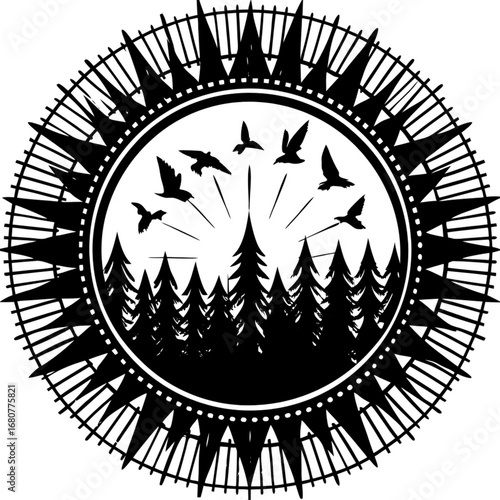 Canvas Print Minimilist circular emblem depicting a forest scene with flying birds and sun ra