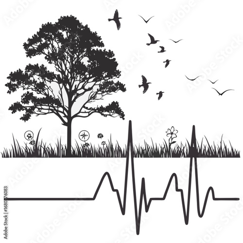 Minimilist silhouette of a tree with birds flying above and an ekg line below in a nature scene design vector