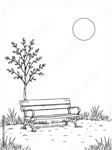 Minimilist illustration of a park bench under a tree with a full moon in a black and white drawing style scene vector