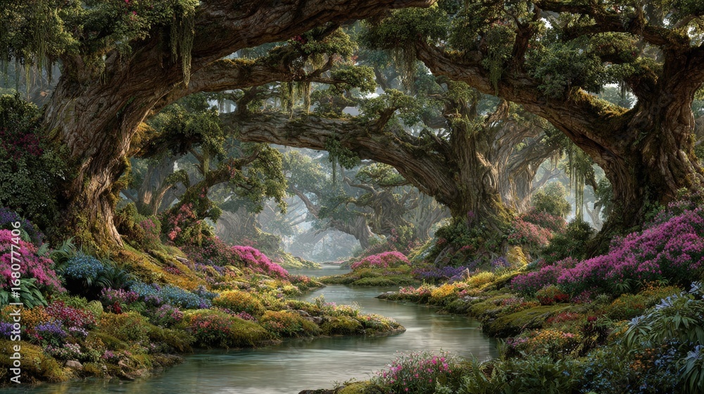 Fototapeta premium Serene Magical Forest Scene Lush Greenery Blooming Flowers and a Tranquil Stream Flowing Through Ancient Trees