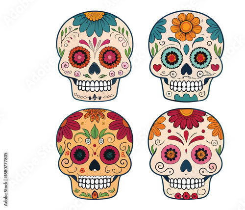 Four vibrant sugar skulls for day of the dead celebrations and festive designs vector