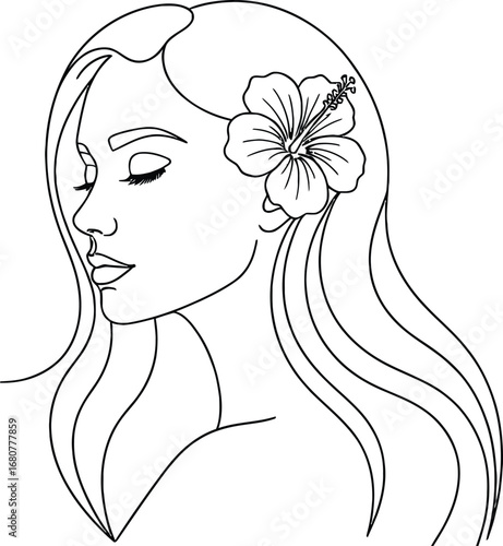 Graceful woman with long flowing hair and a beautiful hibiscus flower in a serene portrait
