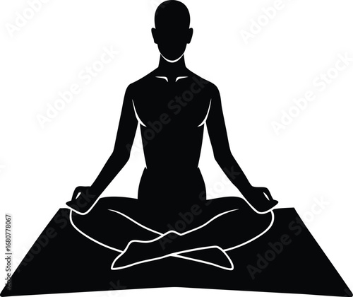 Meditating Man Silhouette in Lotus Position on Yoga Mat for Wellness on white background