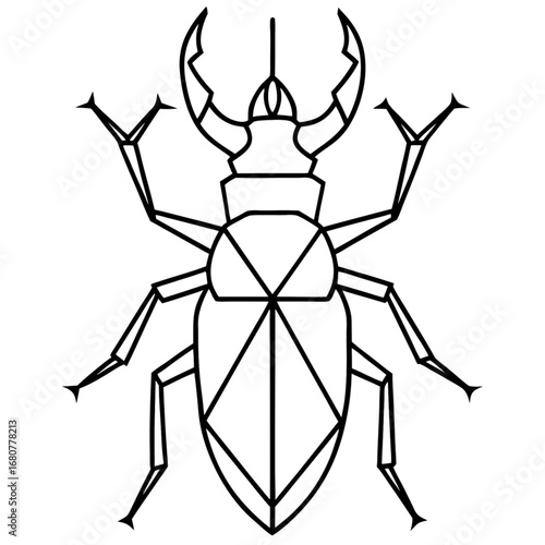 Minimilist stylized line art of a stag beetle with geometric patterns on its body and prominent mandibles shown vector