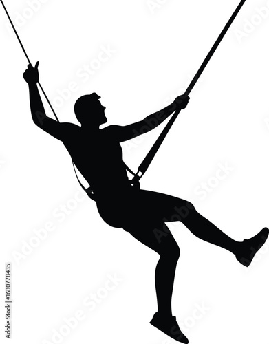 Silhouette of a man enjoying a bungee trampoline activity with energy and fun on white background