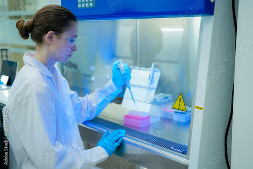 Wallpaper Mural A scientist carefully uses a micropipette to transfer a liquid sample inside a biosafety cabinet. A lab technician conducts a genetic or biological experiment in a modern research facility. Torontodigital.ca