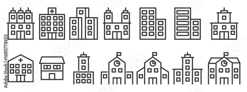 building icon set line vector , school, university, office, city, real estate