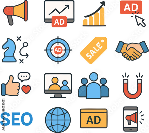 Marketing and Advertising Icon Set: A collection of vibrant icons representing key marketing and advertising concepts in a modern and approachable style.