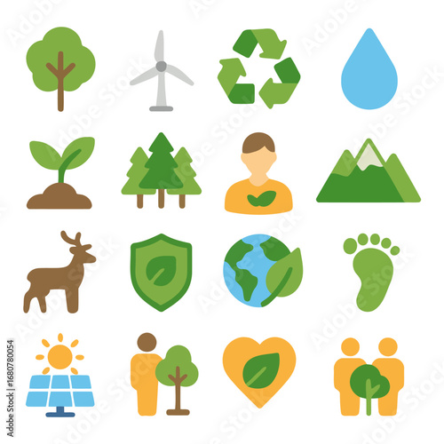 Eco Icons: Vibrant flat icons of nature and environmental elements, showcasing a commitment to green living, sustainability, and the preservation of our planet.