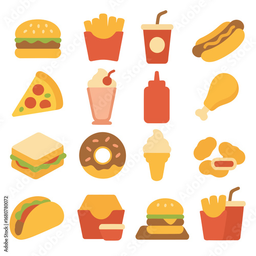 Delicious fast food icons set: A collection of tempting fast food icons is displayed, showcasing a mouthwatering array of tasty food items, inviting cravings and offering a visual feast.