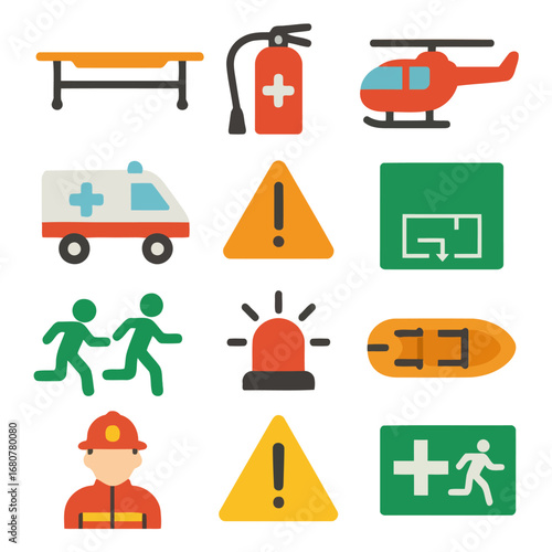 Emergency Icons Illustration: A comprehensive set of vibrant, flat-design icons representing critical emergency services and essential equipment