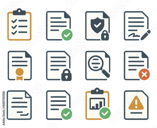 Digital Document Icons: A meticulously curated set of vector illustrations representing various document types, each with unique designs that subtly showcase a collection of different document states.