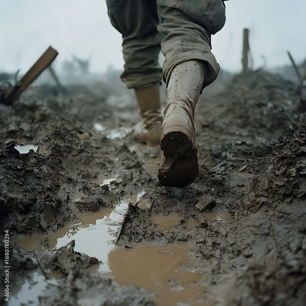 Obraz premium Soldier boots trudging mud battlefield illustration digital art military environment harsh weather AI generated scene image