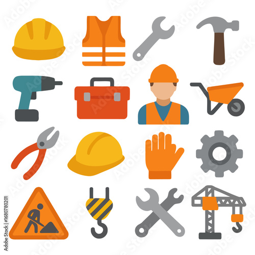 Construction Tools: A collection of essential construction tools and equipment neatly arranged, embodying craftsmanship and the building trades. This photo depicts the core components.