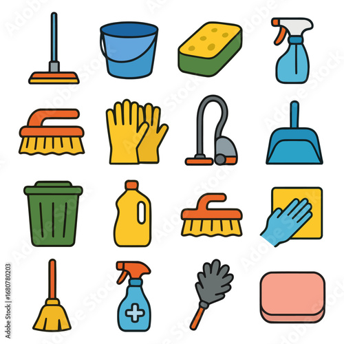Cleaning Supplies Icon Set: An assortment of essential cleaning tools and supplies, neatly arranged in a vibrant and contemporary illustration style, perfect for conveying cleanliness.
