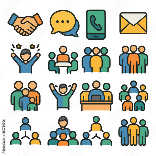 Digital Icons of Business: A comprehensive suite of colorful digital icons, representing core concepts in communication, collaboration, and success, perfect for business or marketing.