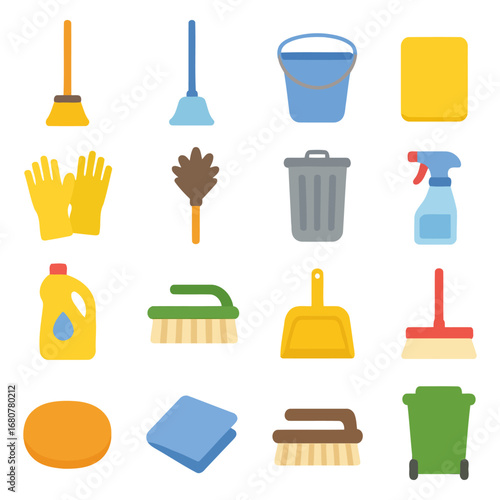 Cleaning Collection Essentials: A comprehensive illustrated assortment of cleaning supplies, featuring various tools for efficient and thorough home maintenance.