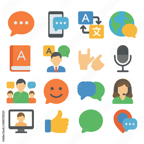 Language Translation Icons: A diverse collection of vibrant icons related to language translation, encompassing speech bubbles, smartphones, dictionaries, global communication, and gestures