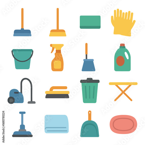 Essential Cleaning Tools: A vibrant illustration showcases a comprehensive array of essential cleaning tools, designed for effective home maintenance, and creating a neat environment.