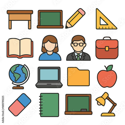 School Icon Set: A vibrant collection of school-related icons, capturing essential elements of education