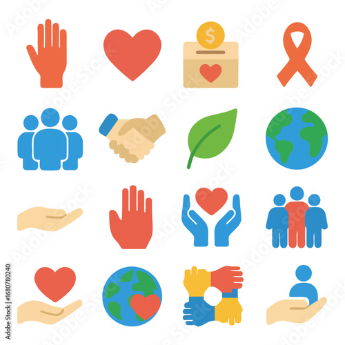 Symbolic Imagery of Compassion and Solidarity: An array of icons representing heartfelt philanthropy and global unity, evoking themes of compassion, support, and worldwide collaboration. 