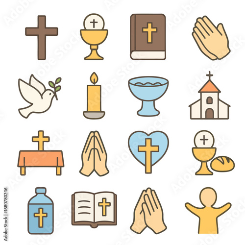 Sacred Symbols Collection: A harmonious arrangement of religious symbols, including crosses, dove, bible, candle, church, and more, offering a sense of peace, devotion, and spiritual connection.