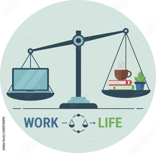 Vector art of work life balance concept with laptop, coffee, books and plant on a scale