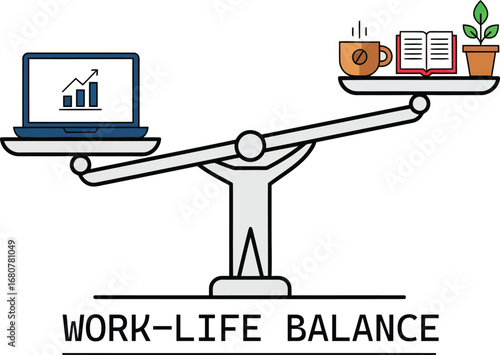 Vector art of work life balance concept with laptop, coffee, books and plant on a scale
