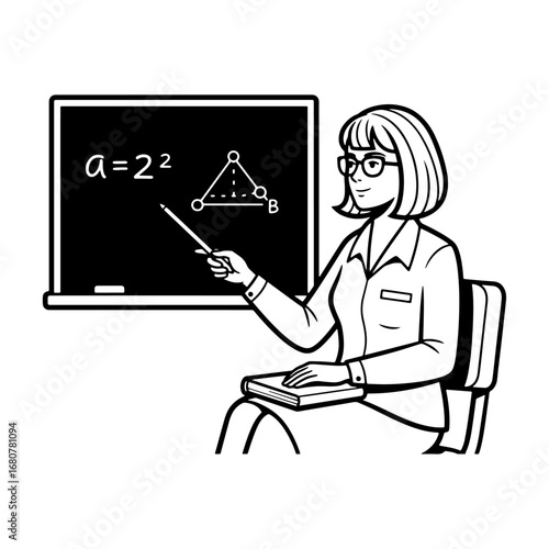 A teacher provides a simple explanation of math by drawing the equation “a = 2²” and a triangle on the board—ideal for teaching videos, online classes, or math tutorial content.