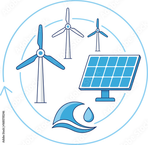 Vector art of renewable energy sources including wind turbines, solar panels, and water waves