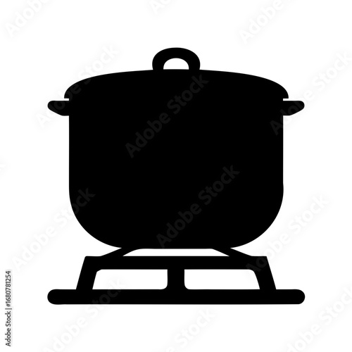 Black Silhouette of Covered Cooking Pot on Stove Isolated on White Background