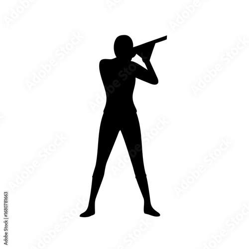 Silhouette of marksman aiming a firearm with both hands, ready to shoot