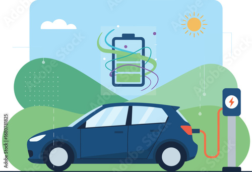 Vector art of electric car charging at station with battery indicator and green energy source