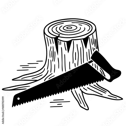 Tree stump with saw illustrating woodworking and lumber industry  