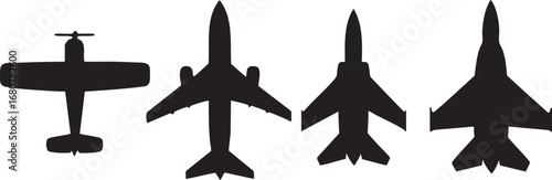 Airplane Silhouettes of Jet and Fighter Planes on White Background